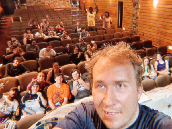 Brandon PT Davis teaching scenic design to Stephens College students during a production strike