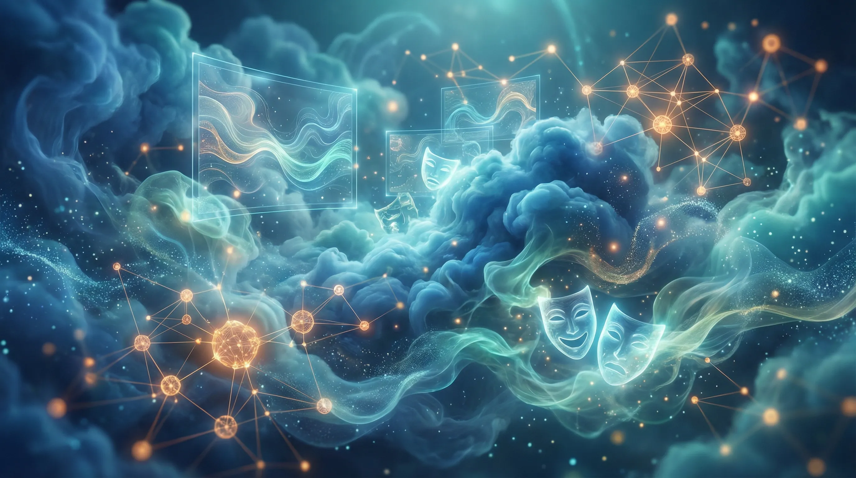 Holographic AI interface with cyan graphics floating above laptop