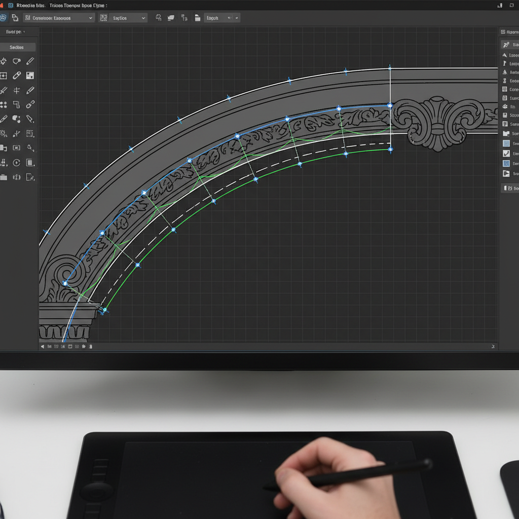 Generated drafting visual showing a trim profile traced with Vectorworks polyline control points and arcs.