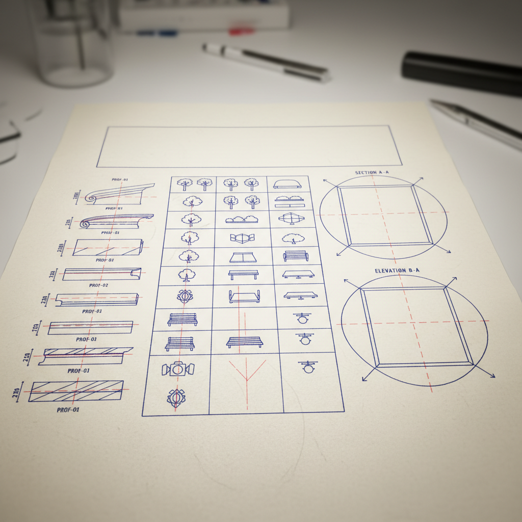 Generated scenic design drafting sheet showing reusable trim profile symbols and 3D molding studies.
