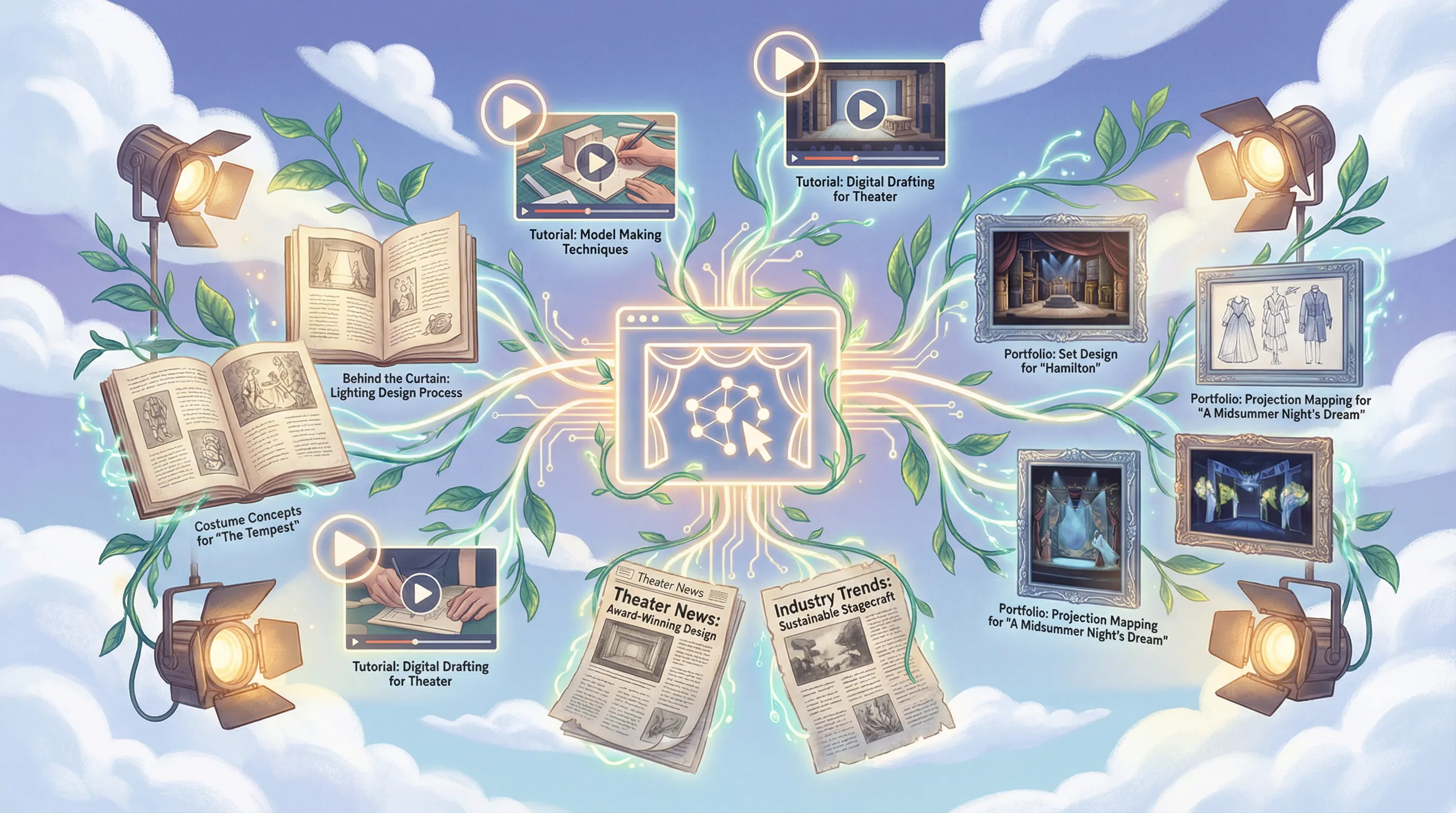 Digital illustration of content strategy showing multiple content types like tutorials, portfolio images, news, and articles connected through a central hub with theatrical lighting