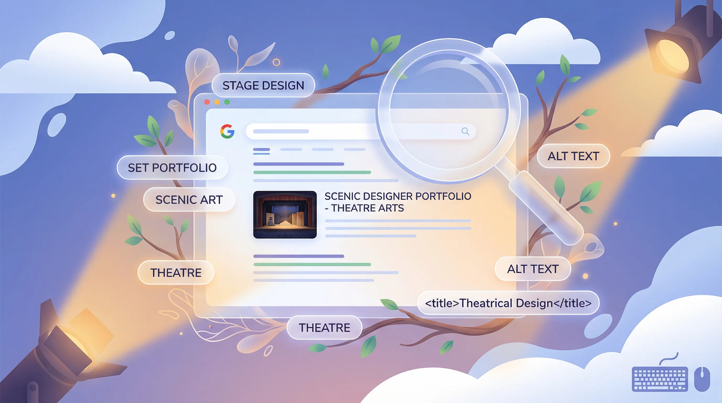 Digital illustration of SEO optimization concepts for a theatrical portfolio with search engine results, keywords, and theatrical spotlights