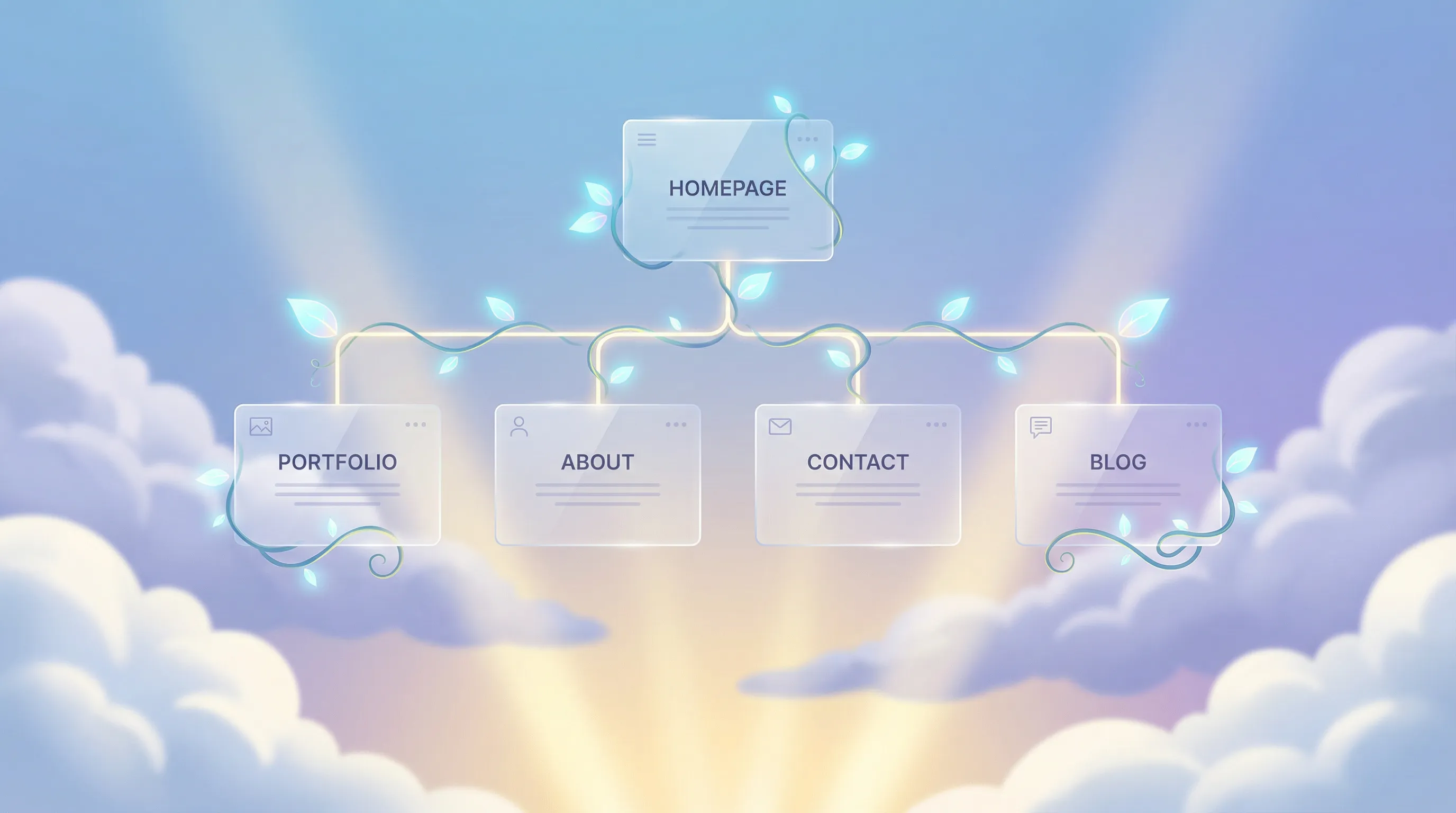 Digital illustration of website structure with nature and technology elements showing homepage, portfolio, about, contact, and blog pages connected by glowing vines