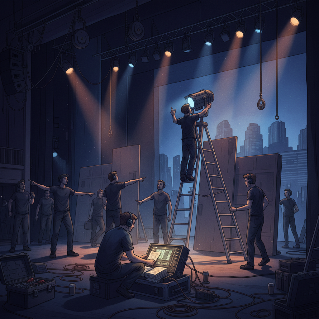 Editorial image of technical rehearsal showing scenic transitions, lighting cues, and production communication onstage.