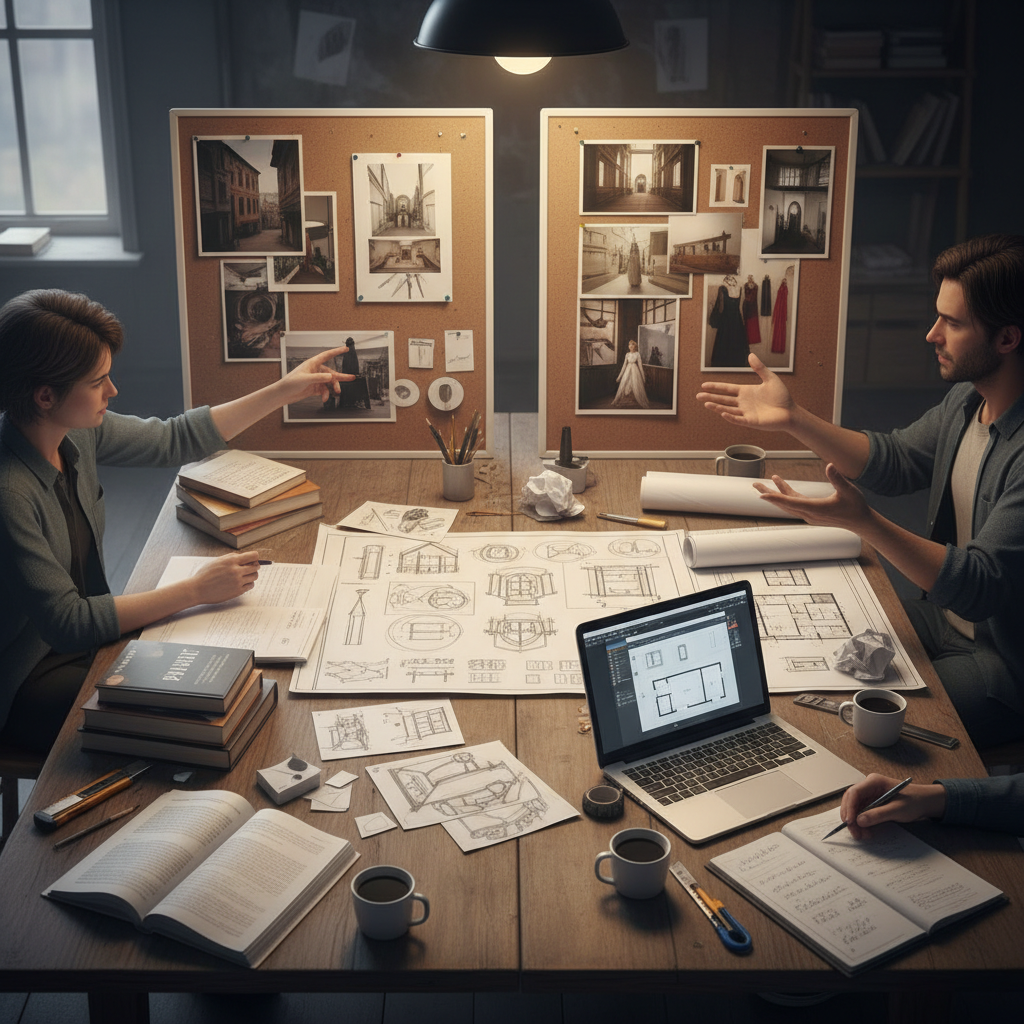 Editorial image depicting scenic design preproduction collaboration with script, research references, and early concept sketches.