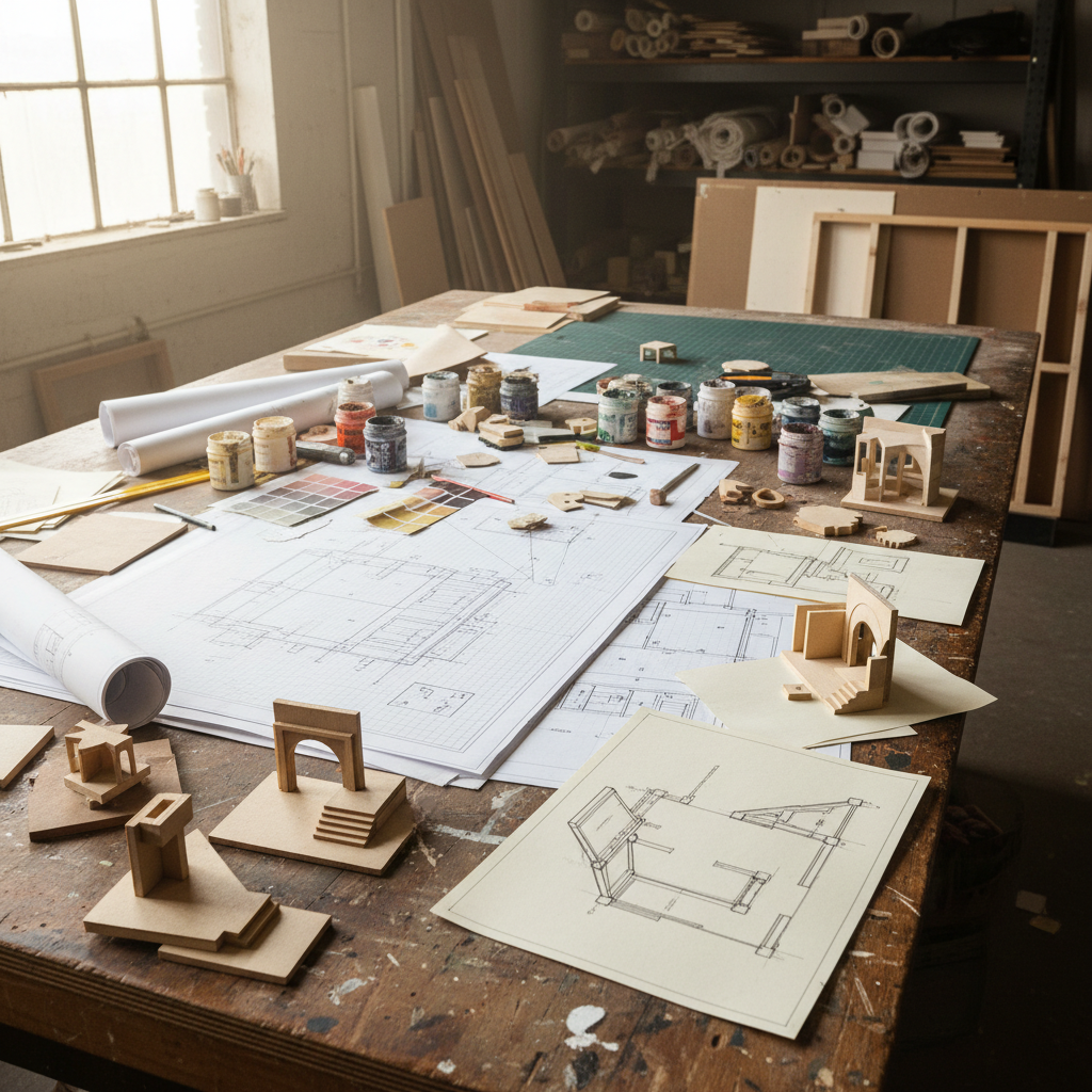 Editorial image of scenic design development materials including drafting sheets, elevations, and build references.