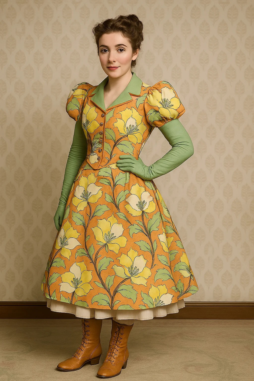 Young woman in a floral dress with puffy sleeves, green gloves, and brown boots stands in front of patterned wallpaper, smiling softly.