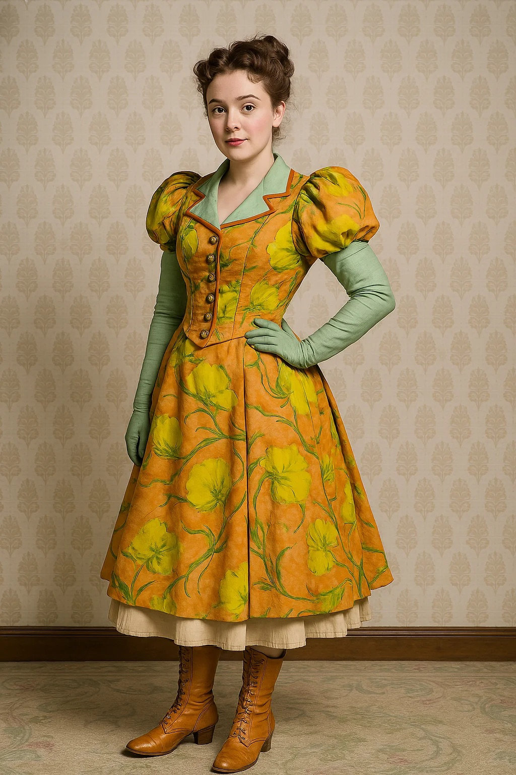 Woman in an orange floral dress with puffed sleeves stands against patterned wallpaper. She wears green gloves and brown boots, expressing calmness.