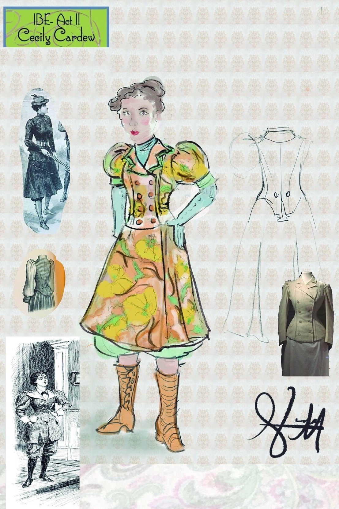 Fashion sketch of a woman in a floral dress and boots, surrounded by vintage illustrations and coat sketches. Text reads 'IBE-Act II Cecily Cardew.'