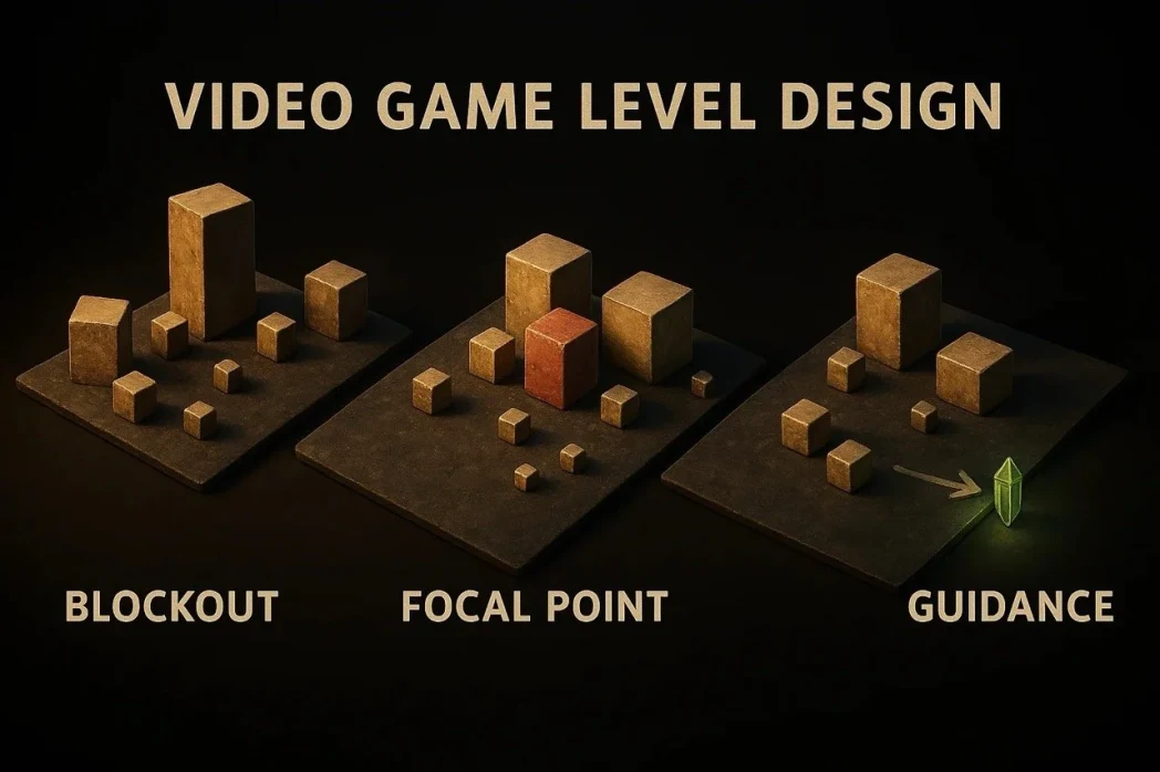 Video Game Level Design: Three stages labeled Blockout, Focal Point, and Guidance. Each has 3D cubes; Guidance includes a glowing crystal.