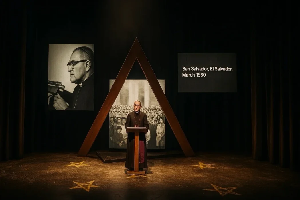 Man in clerical attire at podium in a dark room. Behind are photos, a triangular frame, and text reading 'San Salvador, El Salvador, March 1930.'