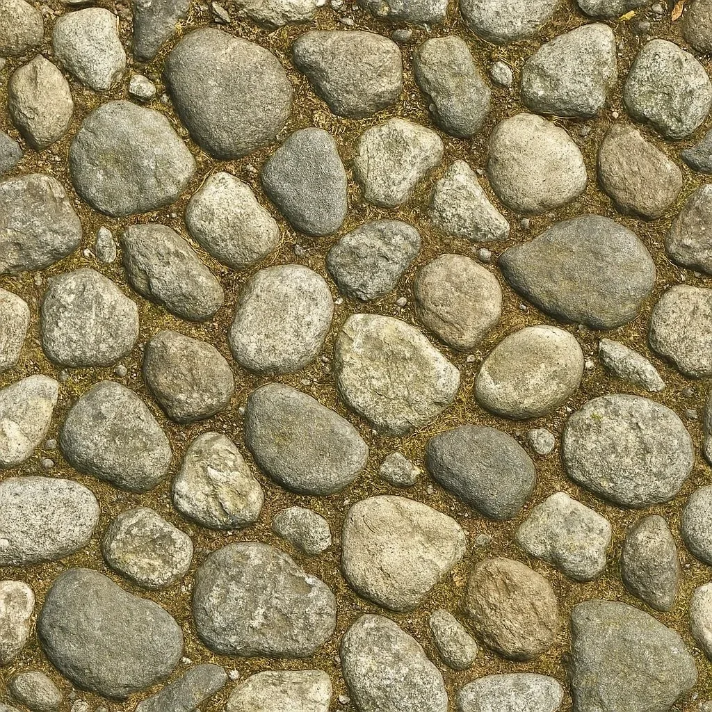 Rough cobblestone path with variously sized gray stones set in brown earth, creating a rustic texture and pattern.