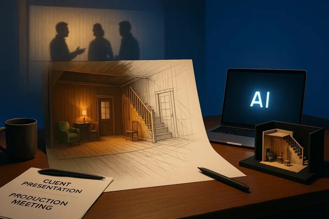 Sketch of a room on paper, laptop with 'AI,' and a model on a desk. Papers read 'Client Presentation' and 'Production Meeting.'