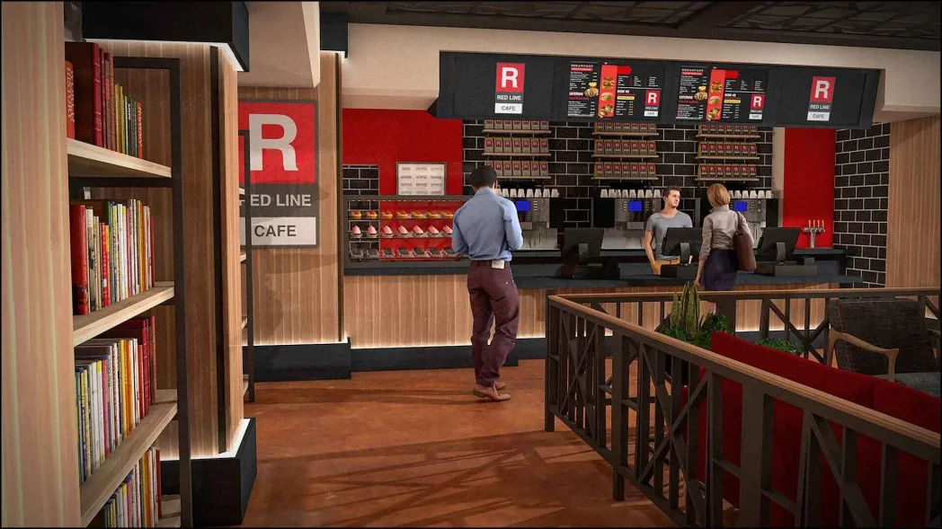 Cafe interior with two people at the counter. Red and black decor with a menu above. Shelves with books and plants in the foreground.