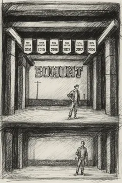 Man stands in gym with banners above labeled with sports and years. 'BOMONT' appears on the wall in a pencil sketch with a reflective mood.