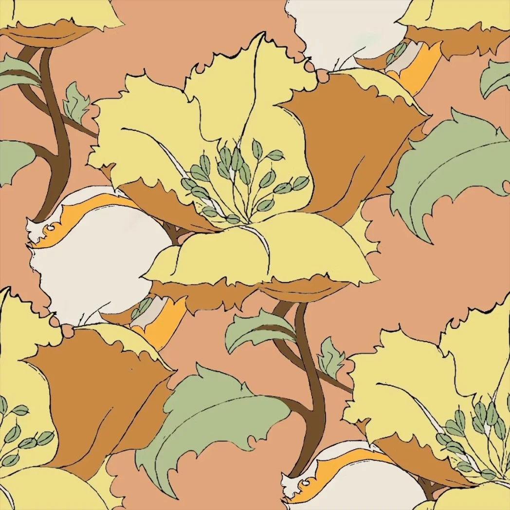 Yellow and orange floral pattern with green leaves on a peach background, featuring large blooming flowers and flowing leaves.