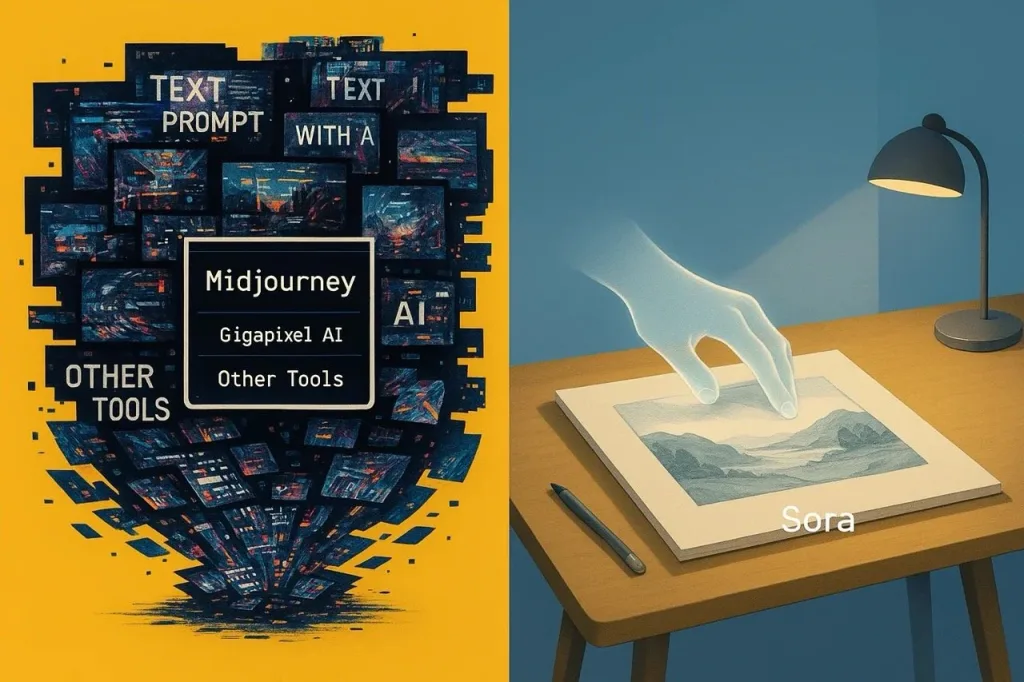 Digital collage of screens with text on a yellow background and a glowing hand reaching for a landscape print on a desk under a lamp.