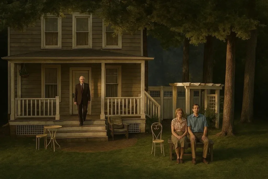 A man stands on a wooden porch, while a couple sits on a bench in a yard with tall trees. The mood is somber, with muted colors.