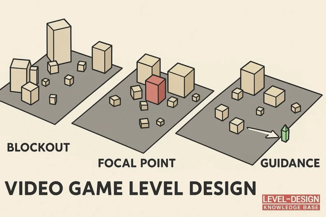 Simplified level design diagram with labeled stages: Blockout, Focal Point, and Guidance. Beige, red, and green colors, with text.