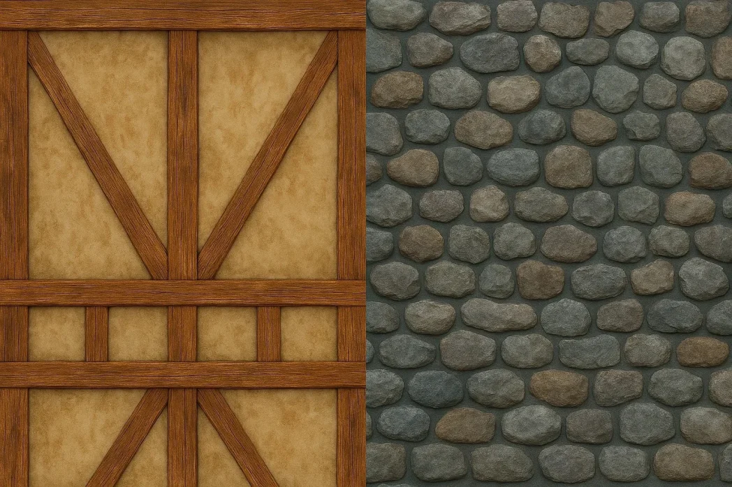 Wooden beams on beige plaster next to a gray stone wall. Rustic textures and earthy tones create a medieval, sturdy vibe.