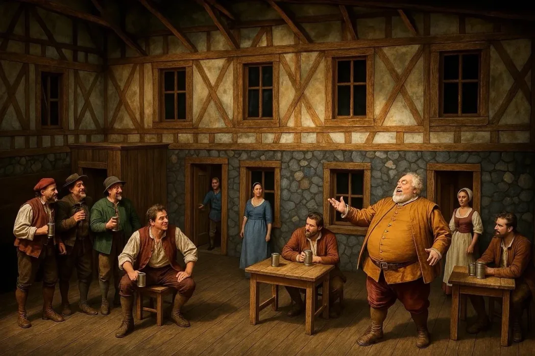 Lively tavern scene with a jovial man in brown speaking to captivated patrons. Timber-framed walls, rustic attire, and warm lighting.