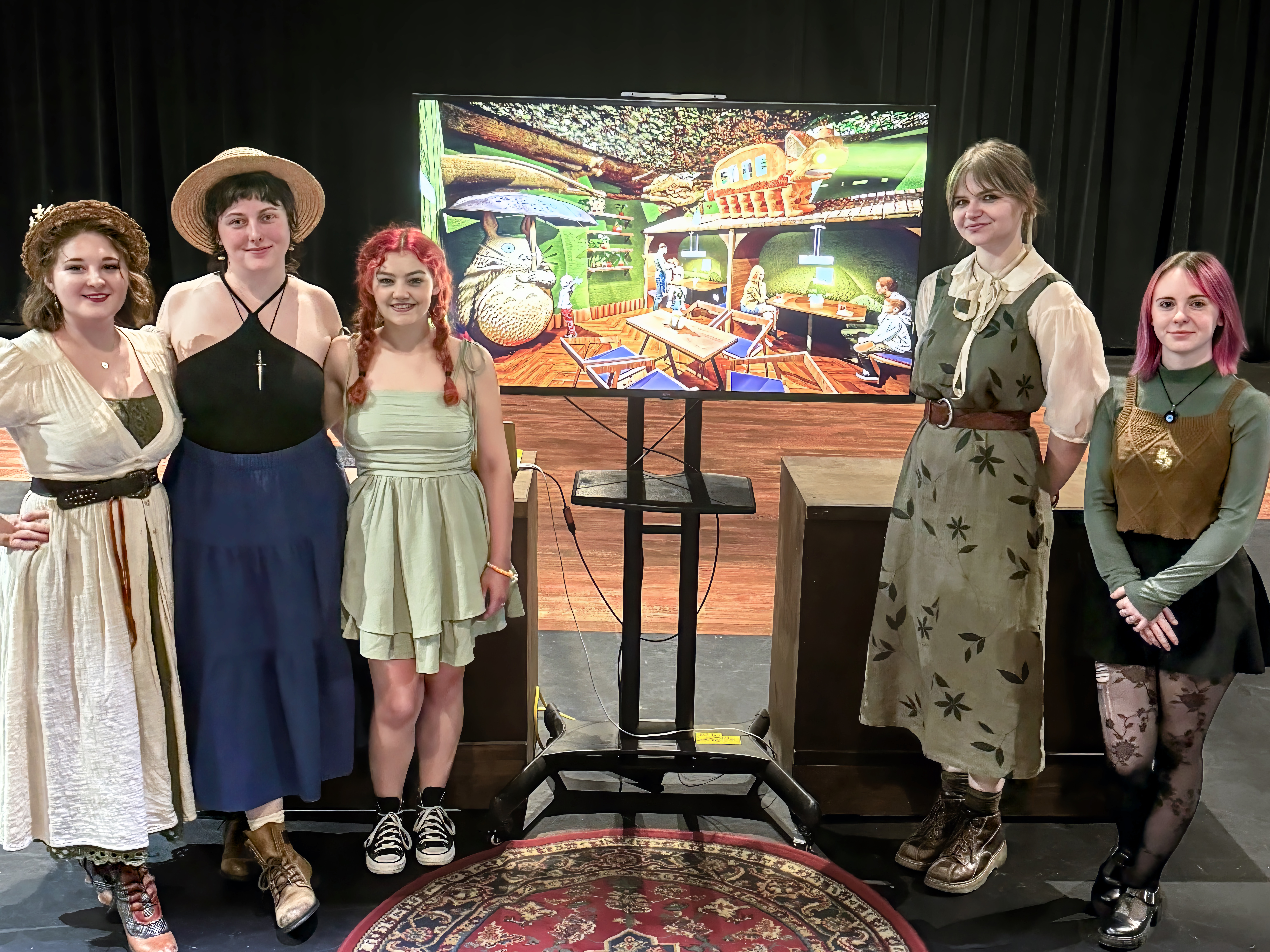 Theatre design students behind the Studio Ghibli-inspired immersive dining project, pictured left to right: Arch Crist, Fae Rieman-Royer, Shannon King, Alice Crist, and Makenzie Schutter.