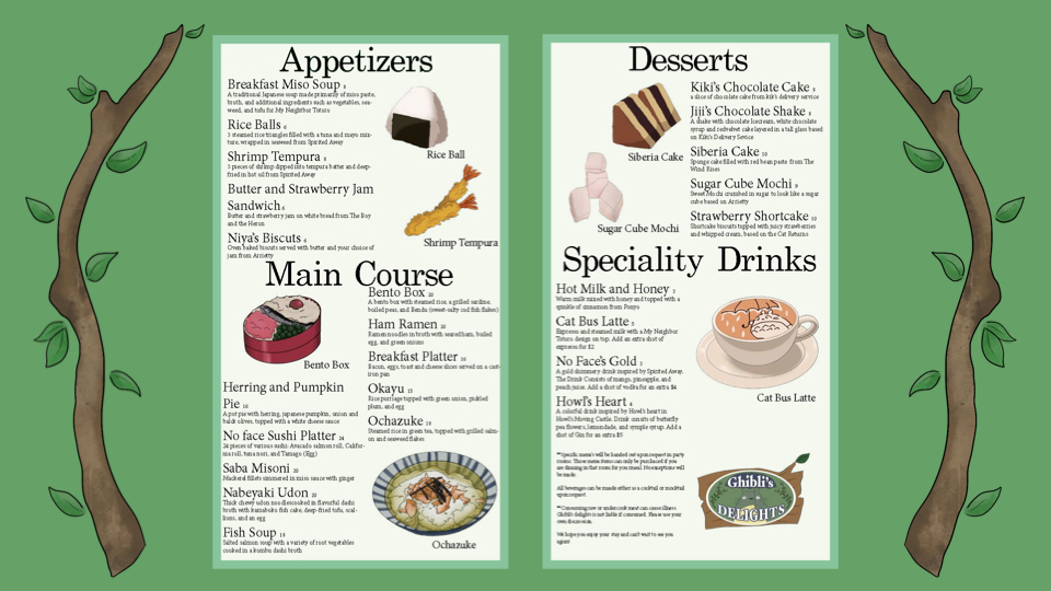 Main room menu items designed for the themed restaurant.