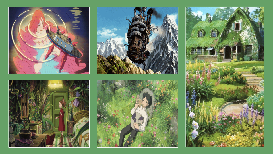 Research board featuring Studio Ghibli imagery for the themed dining project.