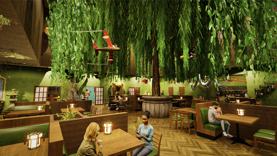 Main dining room rendering from the Ghibli restaurant concept.