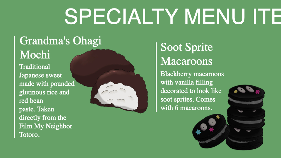 Specialty menu design for the My Neighbor Totoro side room.