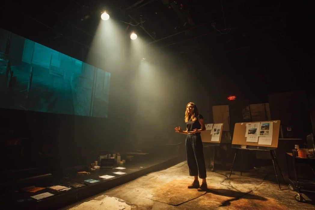 Design presentation slide centered on a single hero image for a theatrical concept reveal.