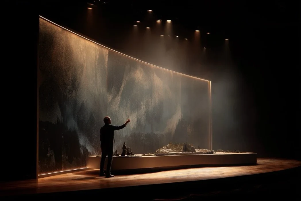 Presentation slide showing technical production details for a theatre design concept.