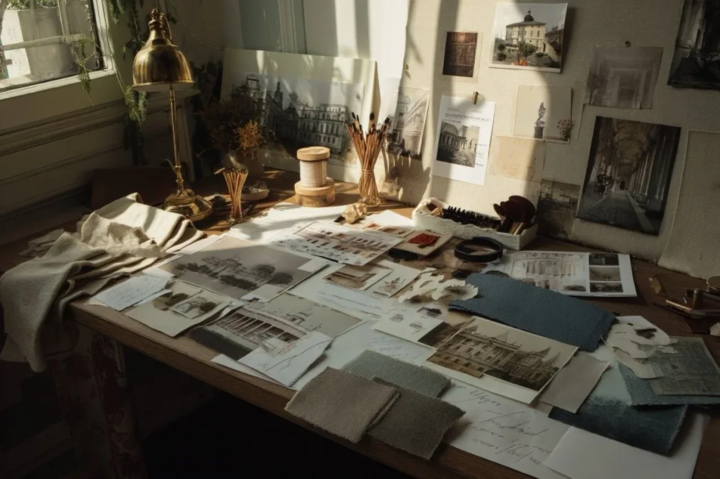 Presentation slide layout showing theatre design research images organized for a clear visual pitch.