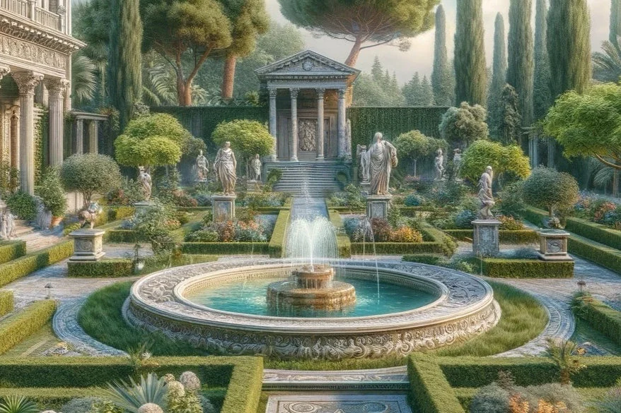 Classical garden with statues, fountain, and temple-like pavilion surrounded by clipped greenery.