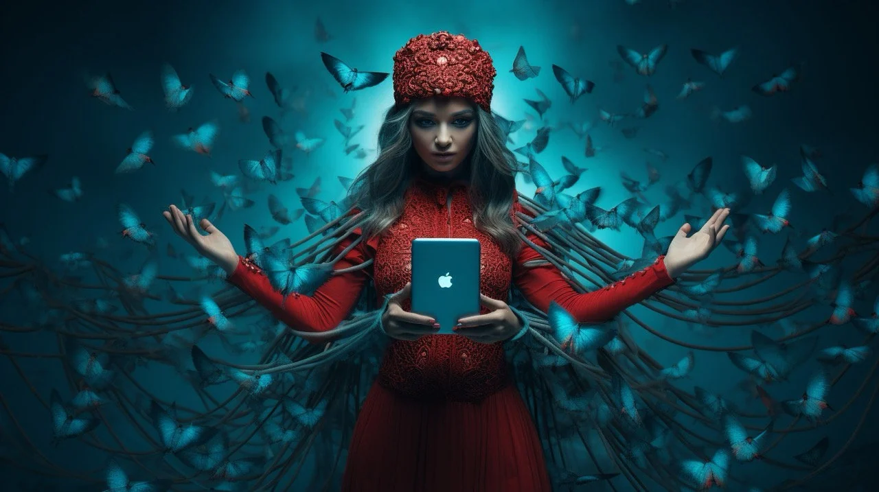 Woman in a red coat holding a tablet while luminous blue butterflies surround her in a digital-fantasy setting.