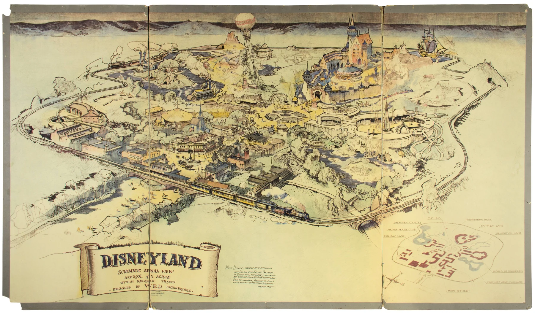 Vintage illustrated Disneyland map showing lands, rail lines, water, and attraction labels.