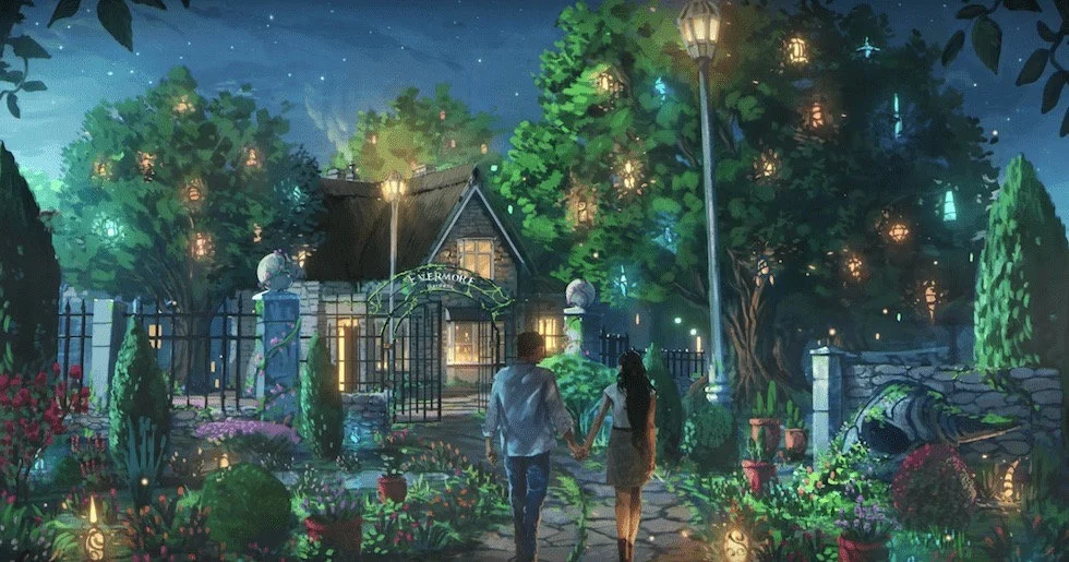 Guests approaching an illuminated storybook cottage at night beneath lanterns and glowing trees.