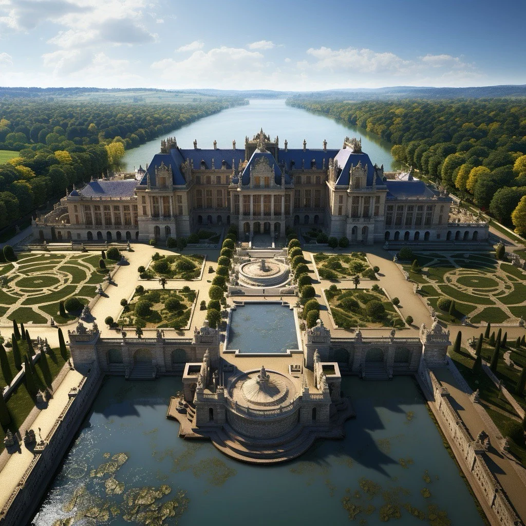Grand chateau and formal gardens with blue roofs, reflecting water, and geometric landscape planning.