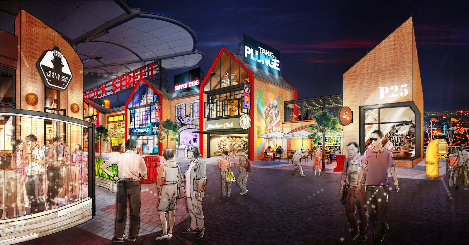 Guests moving through an immersive indoor street market lined with shopfronts, signage, and warm theatrical lighting.