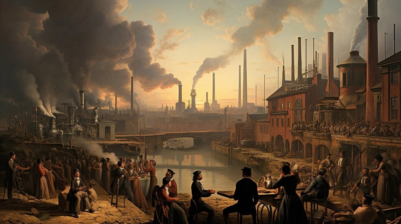 Industrial-age entertainment landscape with smokestacks, river traffic, and visitors gathered along the waterfront.