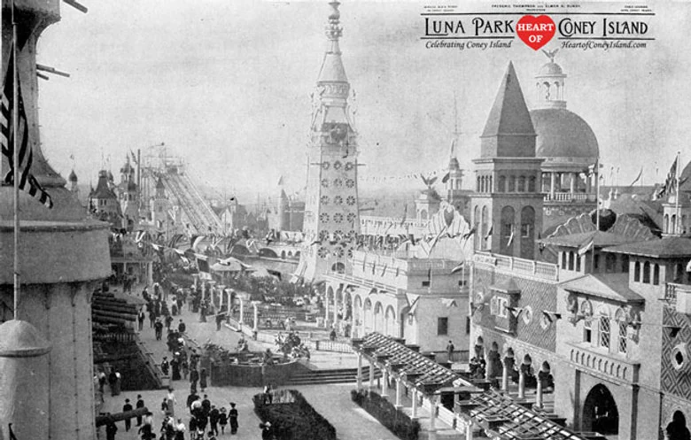 Historic photograph of Luna Park at Coney Island with towers, crowds, and dense amusement architecture.