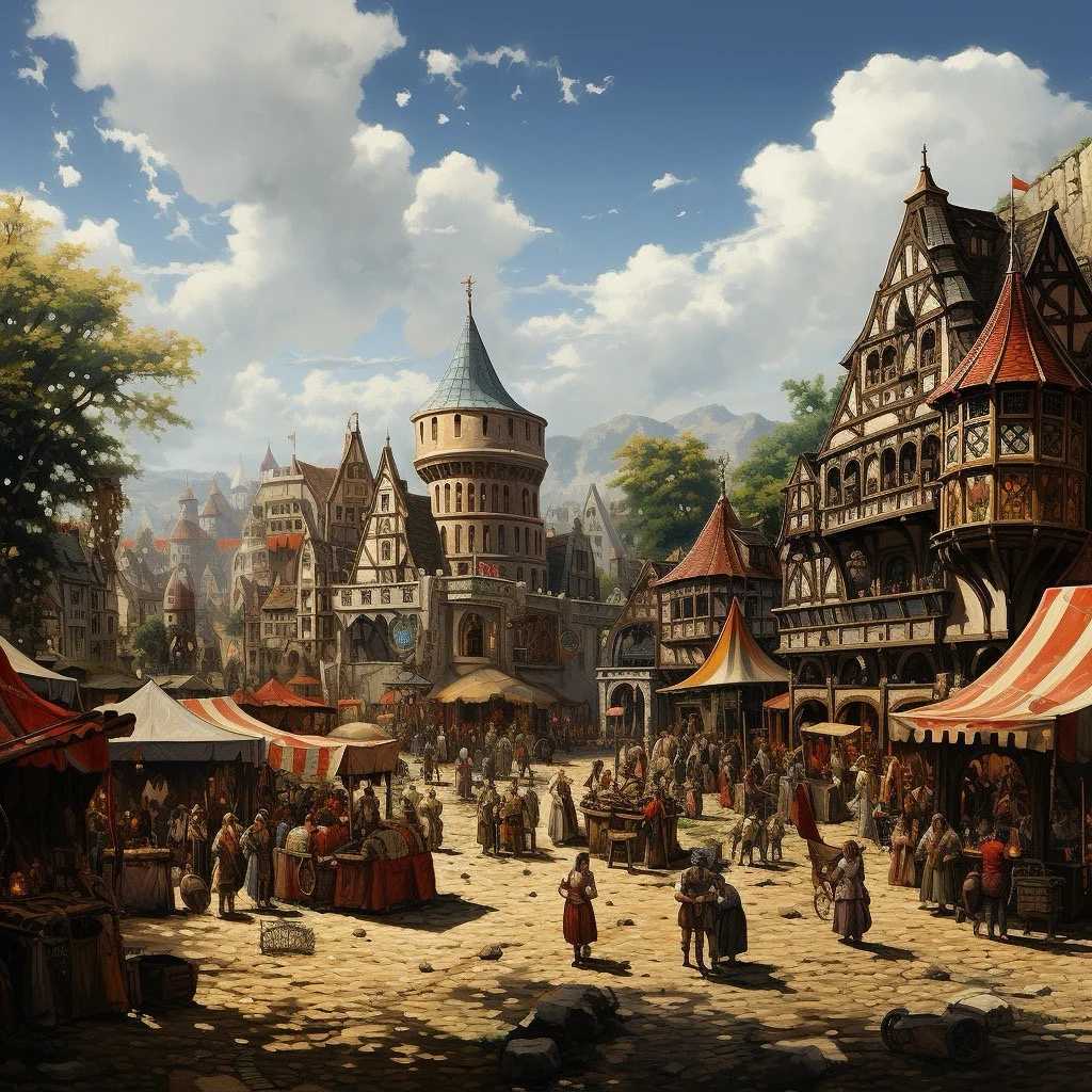 Medieval market square with timber-framed buildings, striped vendor stalls, and townspeople in period dress.