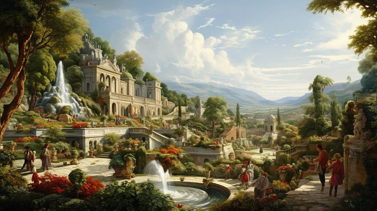 Renaissance garden with terraces, fountains, mountain views, and visitors strolling among greenery.