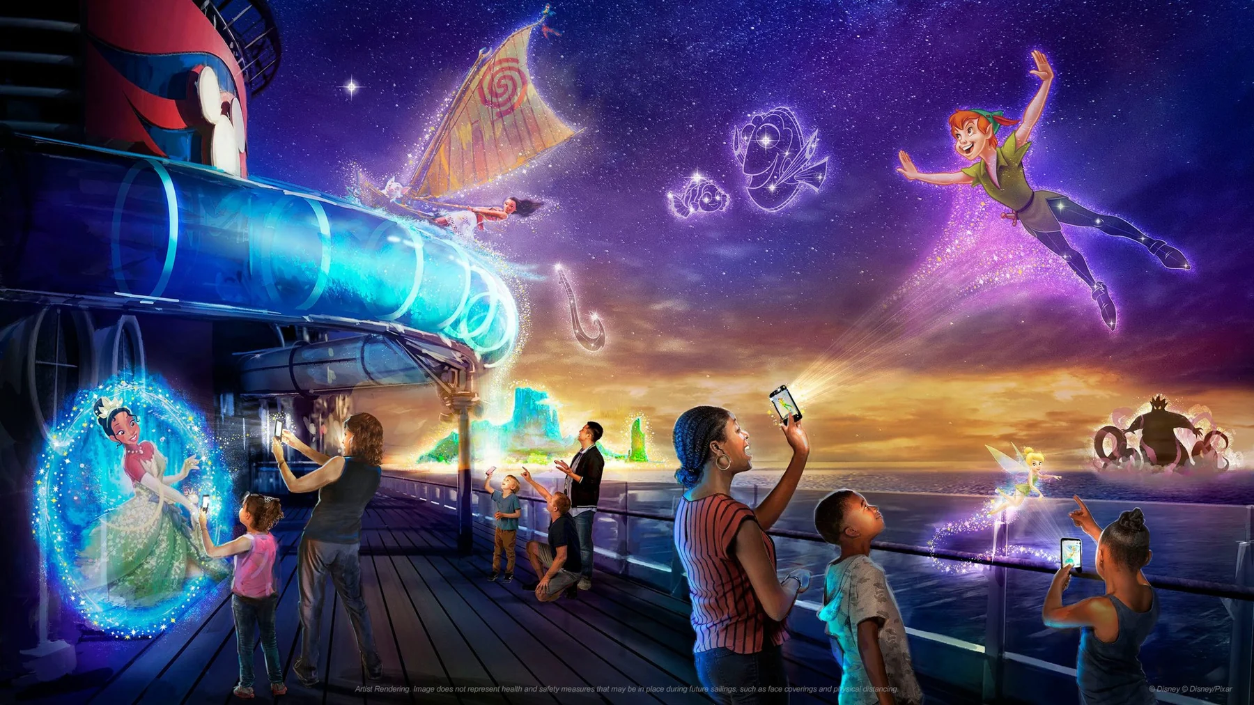 Guests on a ship-like viewing deck watching a cosmic spectacle with flying figures and celestial projections.