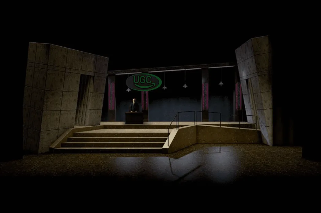 Production image of Cladwell's office in Urinetown showing bottled water displays and a living tree as signs of elite privilege.