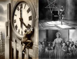 Urinetown production image emphasizing the industrial platforms and exposed infrastructure of the set.