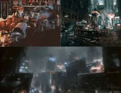 Urinetown production image highlighting the stacked architecture and bleak circulation paths of the city.