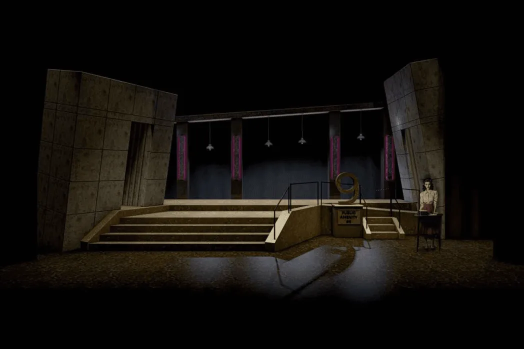 Production image from Urinetown showing the layered vertical city structure that separates corporate power from public space.