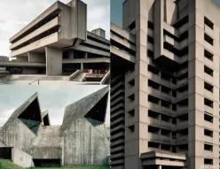 Urinetown production image showing the dense concrete cityscape and oppressive industrial framing of the world.