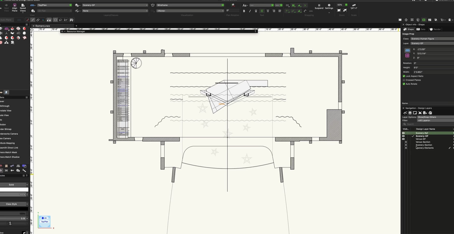 Vectorworks top plan view showing a scenic model, camera position, and rendering setup interface.